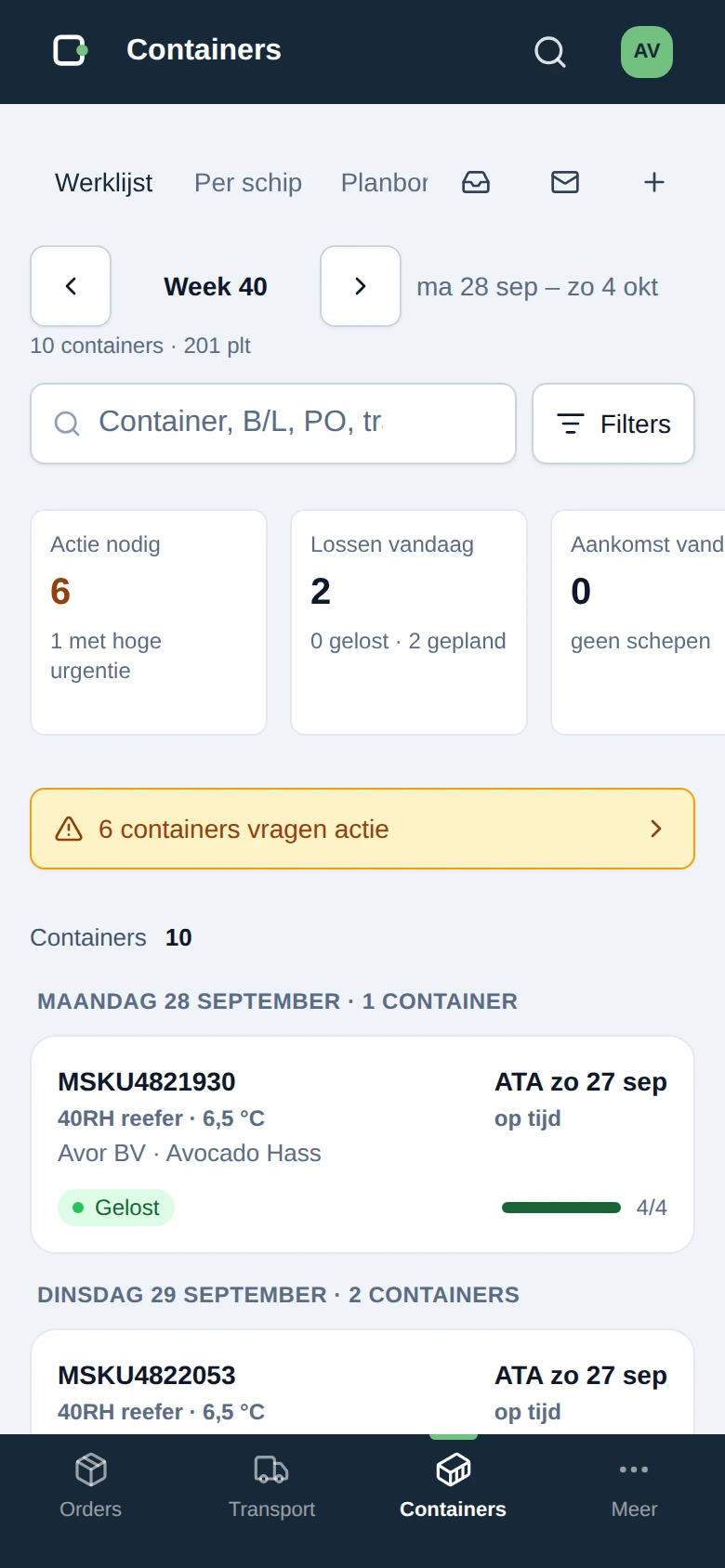 De containerwerklijst op een telefoon, met de tellers en de containers per losdag.